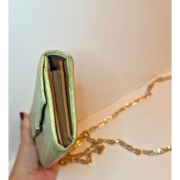 FURLA Light Green Genuine Leather Long Wallet Purse Used aftermarket chain incl - Picture 5 of 16